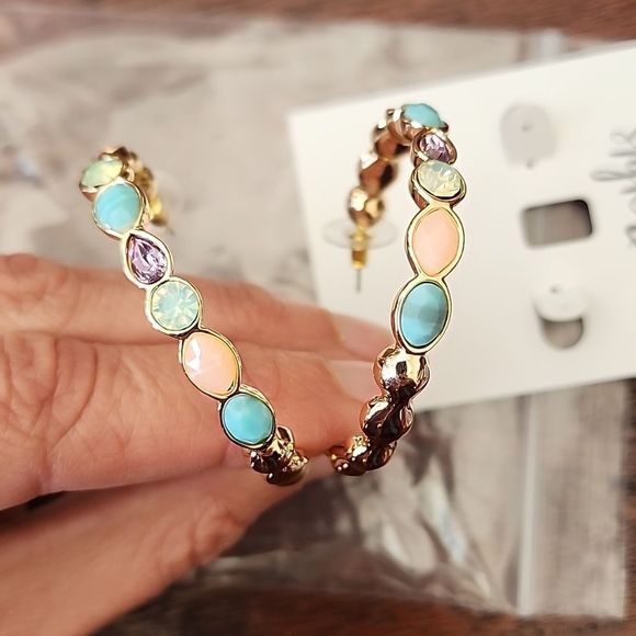 Gold-Tone Mixed Stone Open Hoop Earrings, Created Style & Co - Picture 4 of 5